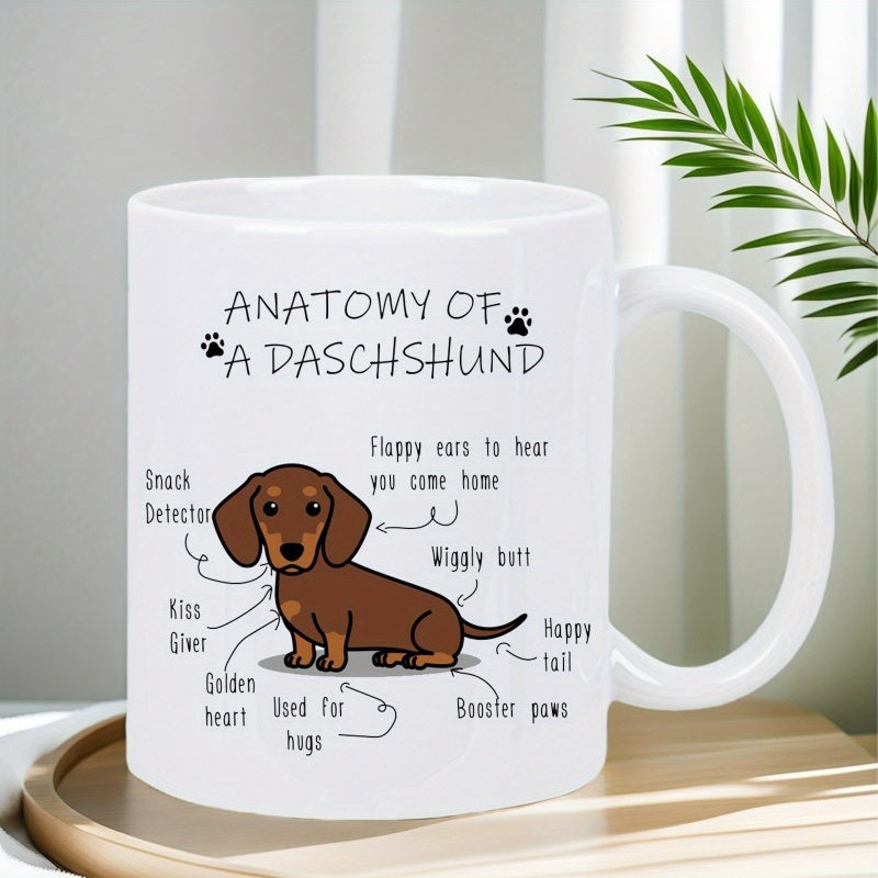 Tailorly White Ceramic 11 oz Mug - Anatomy Of A Dachshund Adorable Cartoon Wiener Dog Standing Amidst Informative Text Labels Dachshund