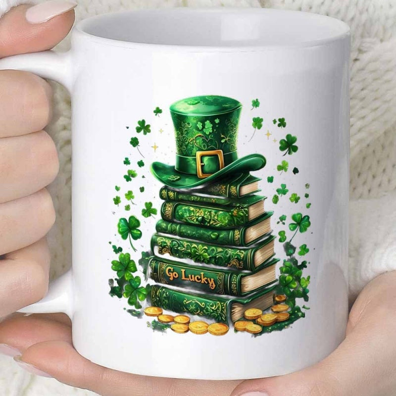 Tailorly White Ceramic 11 oz Mug - Go Lucky St Patrick Day Stacked Green Books Surrounded By Shamrocks And Golden Coins Hat