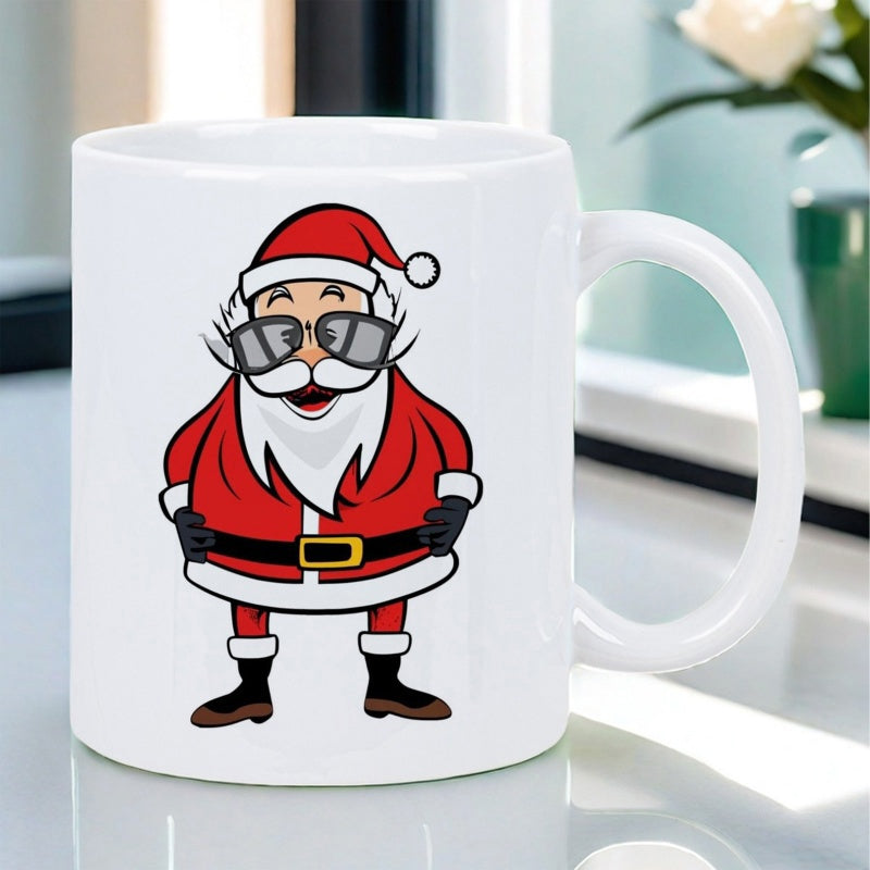 Tailorly White Ceramic 11 oz Mug - Cheerful Cartoon Figure Wearing Stylish Sunglasses Standing In Red Suit Santa Claus