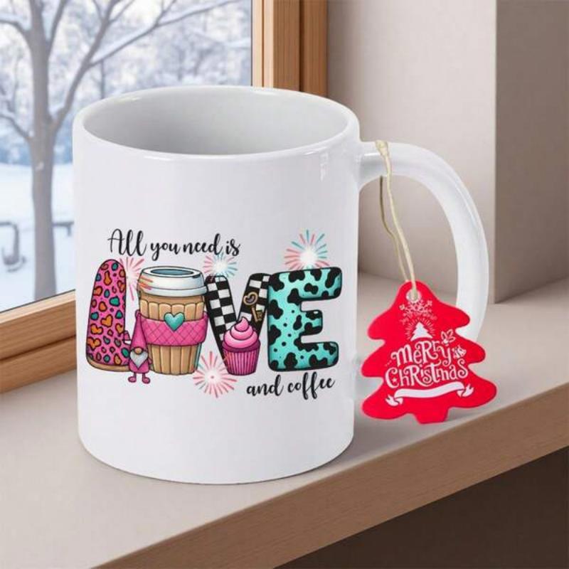 Tailorly White Ceramic 11 oz Mug - All You Need Is Love And Coffee Festive Decorative Lettering With Stylized Patterns And Coffee Cup Mug