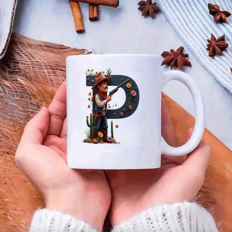 Tailorly White Ceramic 11 oz Mug - P Brave Western Character With Rifle Among Prickly Desert Cacti Cowboy
