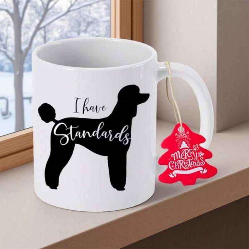 Tailorly White Ceramic 11 oz Mug - I Have Standards Elegant Standing Dog Silhouette Featuring Simple Minimalist Black And White Design Poodle