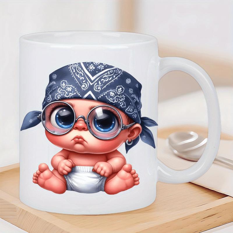 Tailorly White Ceramic 11 oz Mug - Cute Toddler Wearing Blue Paisley Bandana And Stylish Round Spectacles Sitting Baby