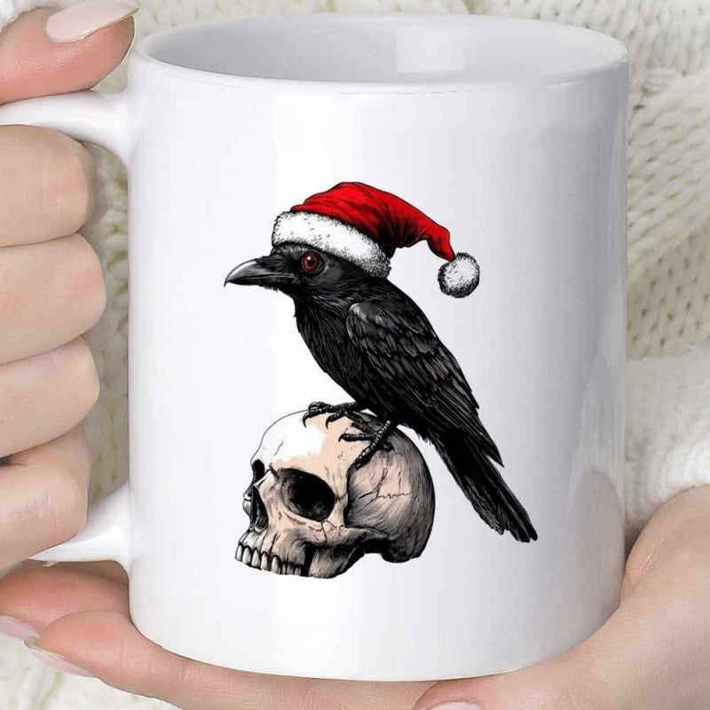 Tailorly White Ceramic 11 oz Mug - Gothic Festive Black Raven Wearing Red Santa Hat Perched On Skull Crow