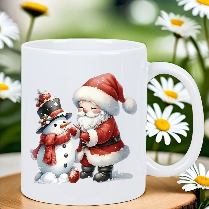 Tailorly White Ceramic 11 oz Mug - Jolly Santa Claus Standing Beside A Friendly Snowman In Winter Scenery Santa