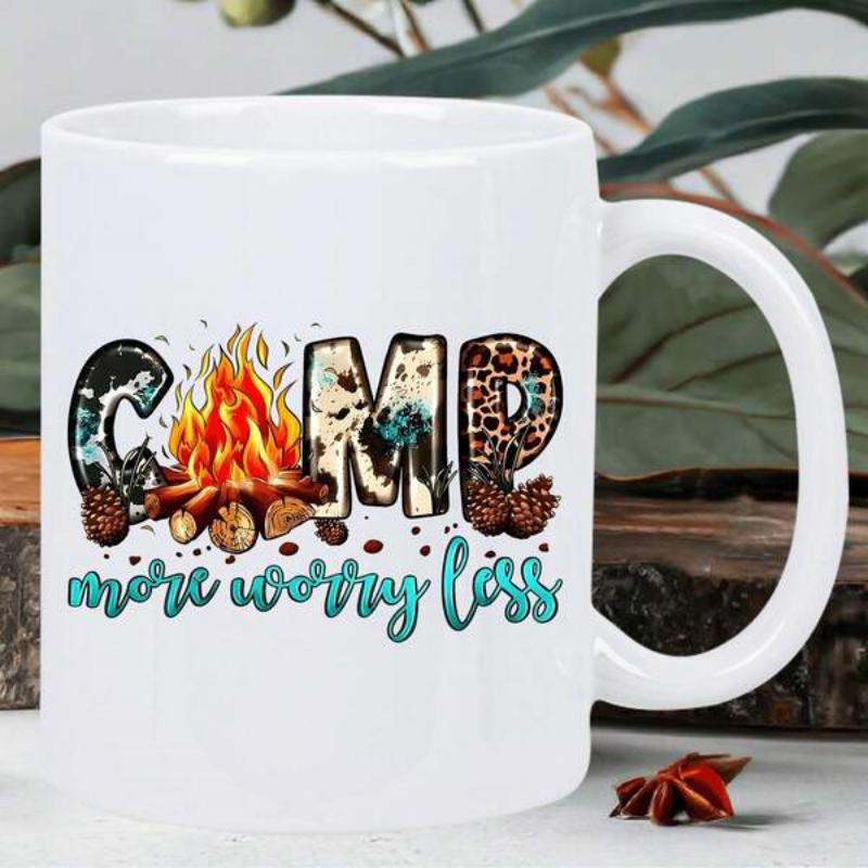 Tailorly White Ceramic 11 oz Mug - Camp More Worry Less Burning Wood With Pinecones And Textured Letters Featuring Animal Patterns Campfire