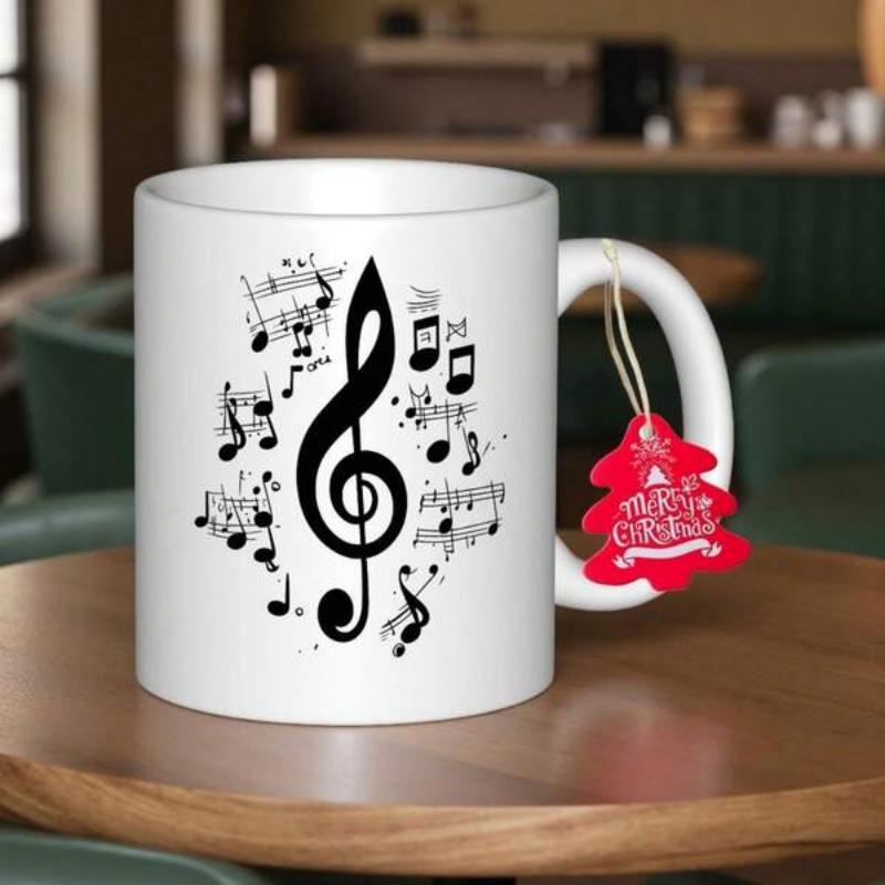 Tailorly White Ceramic 11 oz Mug - Flowing Black Musical Notes Dancing Around A Large Artistic Treble Clef
