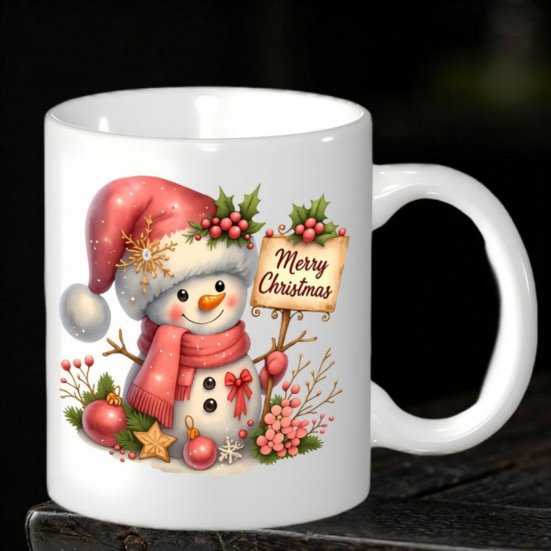 Tailorly White Ceramic 11 oz Mug - Merry Christmas Adorable Smiling Winter Figure Wearing Festive Red Santa Hat Snowman