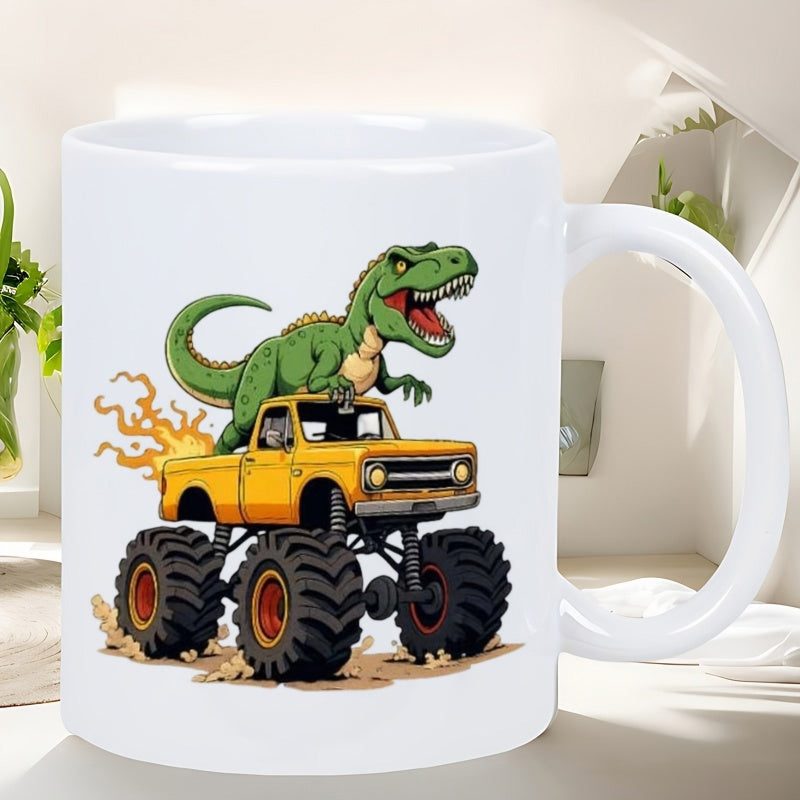Tailorly White Ceramic 11 oz Mug - Fierce Green Standing Atop A Powerful Yellow Monster Truck With Massive Tires Dinosaur