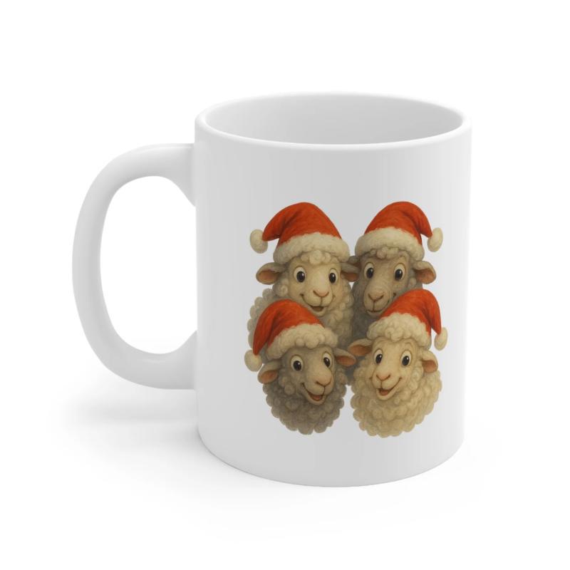 Tailorly White Ceramic 11 oz Mug - Adorable Festive Group Of Four Fluffy Animals Wearing Red Santa Hats Sheep