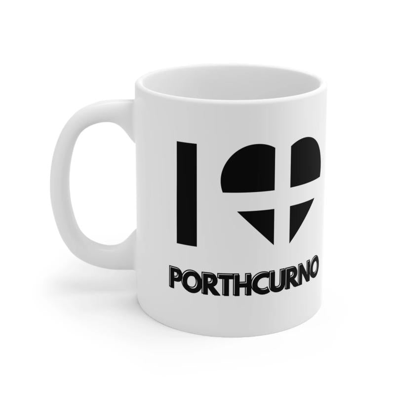 Tailorly White Ceramic 11 oz Mug - I Porthcurno Minimalist Heart Featuring Saint Piran Cross In Bold