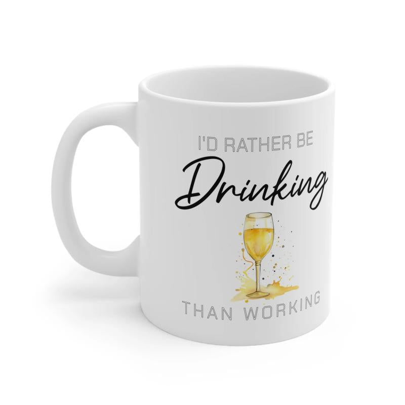 Tailorly White Ceramic 11 oz Mug - Id Rather Be Drinking Than Working Elegant Watercolor Glass Filled With Golden Bubbly Liquid And Artistic Splatters Wine Glass