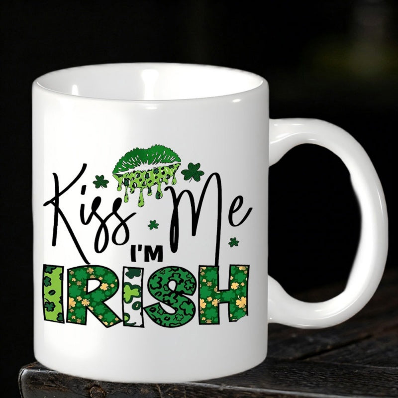 Tailorly White Ceramic 11 oz Mug - Kiss Me Im Irish Sparkling Green Dripping Lips Surrounded By Festive Lucky Clovers Lips