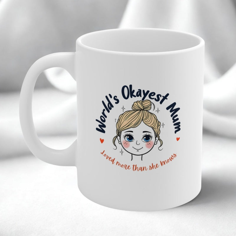 Tailorly White Ceramic 11 oz Mug - Worlds Okayest Mum Loved More Than She Knows Cartoon Girl With Messy Bun Hairstyle Surrounded By Small Red Hearts Mug