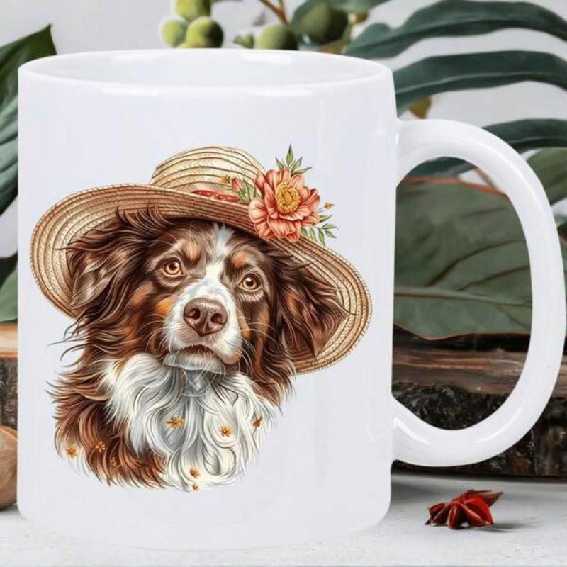 Tailorly White Ceramic 11 oz Mug - Adorable Brown Australian Shepherd Wearing Straw Hat Decorated With Elegant Flower Dog