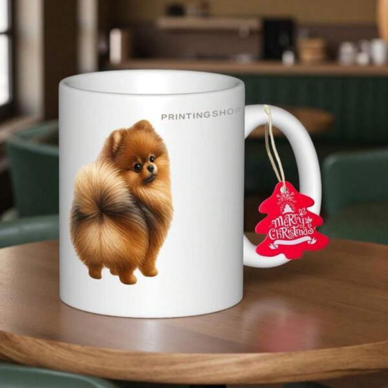 Tailorly White Ceramic 11 oz Mug - Adorable Fluffy Brown Pomeranian Looking Back With Soft Furry Tail Dog