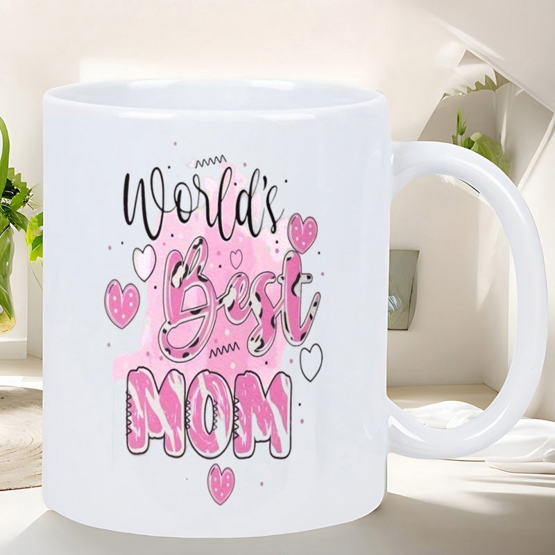 Tailorly White Ceramic 11 oz Mug - World's Best Mom Pink Leopard Pattern Hearts With Artistic Watercolor Splash Decorative Elements Mug