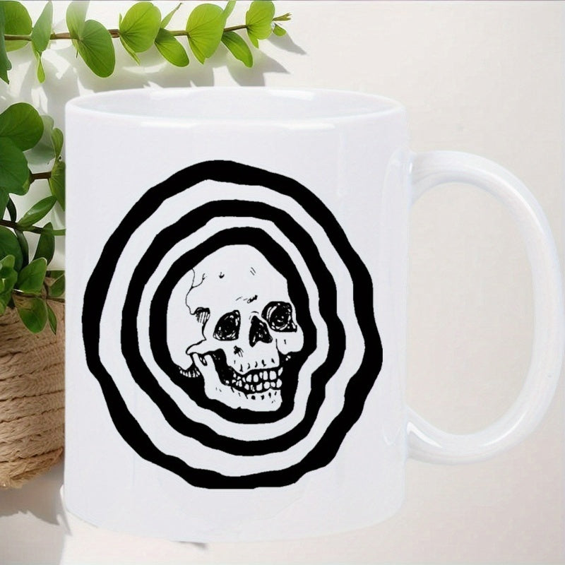 Tailorly White Ceramic 11 oz Mug - Abstract Hypnotic Concentric Black Rings Surrounding A Detailed Hand Drawn Gothic Skull