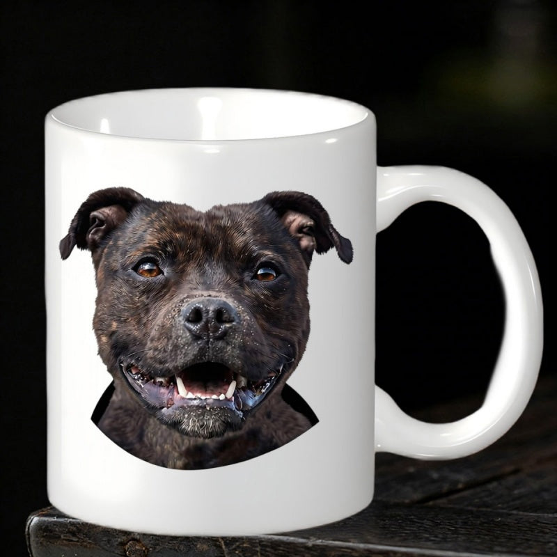 Tailorly White Ceramic 11 oz Mug - Detailed Portrait Of A Loyal Dark Brown Smiling Pitbull Dog