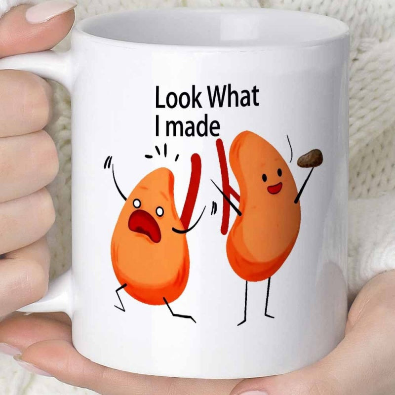 Tailorly White Ceramic 11 oz Mug - Look What I Made Amusing Cartoon Kidney Characters Displaying Medical Humor And Joyful Pride Kidney