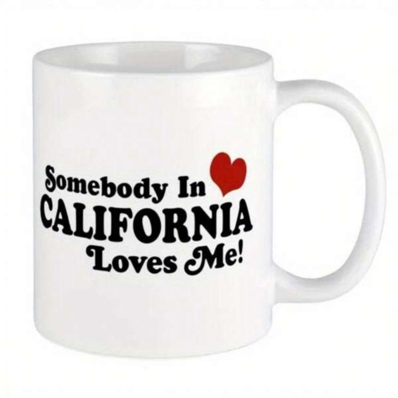 Tailorly White Ceramic 11 oz Mug - Somebody In California Loves Me Classic White Ceramic Background With A Bright Red Heart Detail Mug