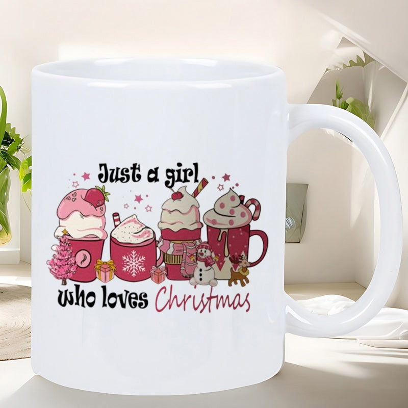 Tailorly White Ceramic 11 oz Mug - Just A Girl Who Loves Christmas Festive Holiday Drinks Decorated With Cream Snowman And Reindeer Accents Mug