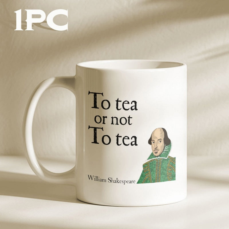 Tailorly White Ceramic 11 oz Mug - To Tea Or Not To Tea William Shakespeare Classic Literature Portrait Wearing Green Renaissance Attire In Artistic Style