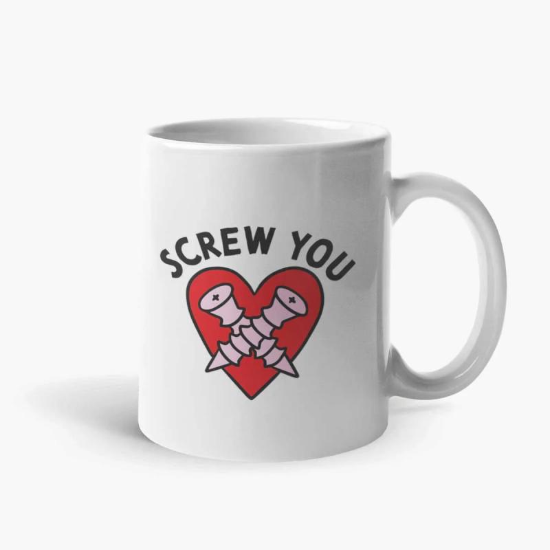 Tailorly White Ceramic 11 oz Mug - Screw You Crossed Metal Screws Over A Vibrant Red Cartoon Style Heart