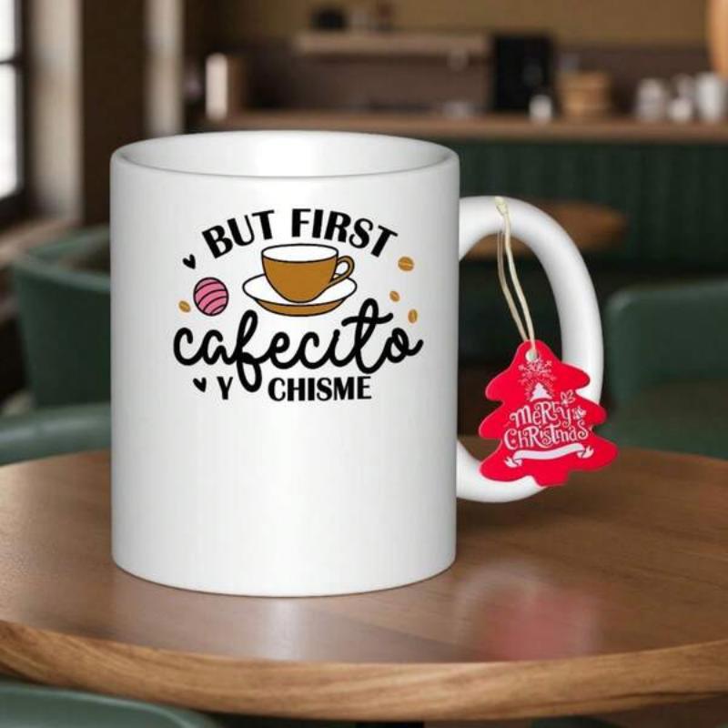 Tailorly White Ceramic 11 oz Mug - But First Warm Brown Coffee Resting On Simple Saucer Surrounded By Tiny Hearts And Dots Cup