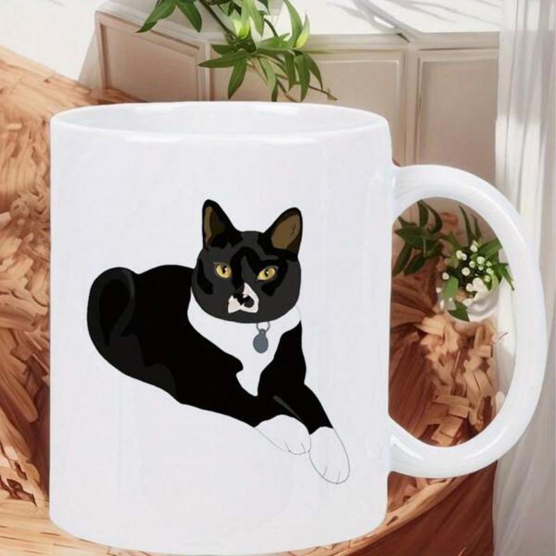 Tailorly White Ceramic 11 oz Mug - Elegant Tuxedo Animal Lying Down On A Clean White Surface Cat