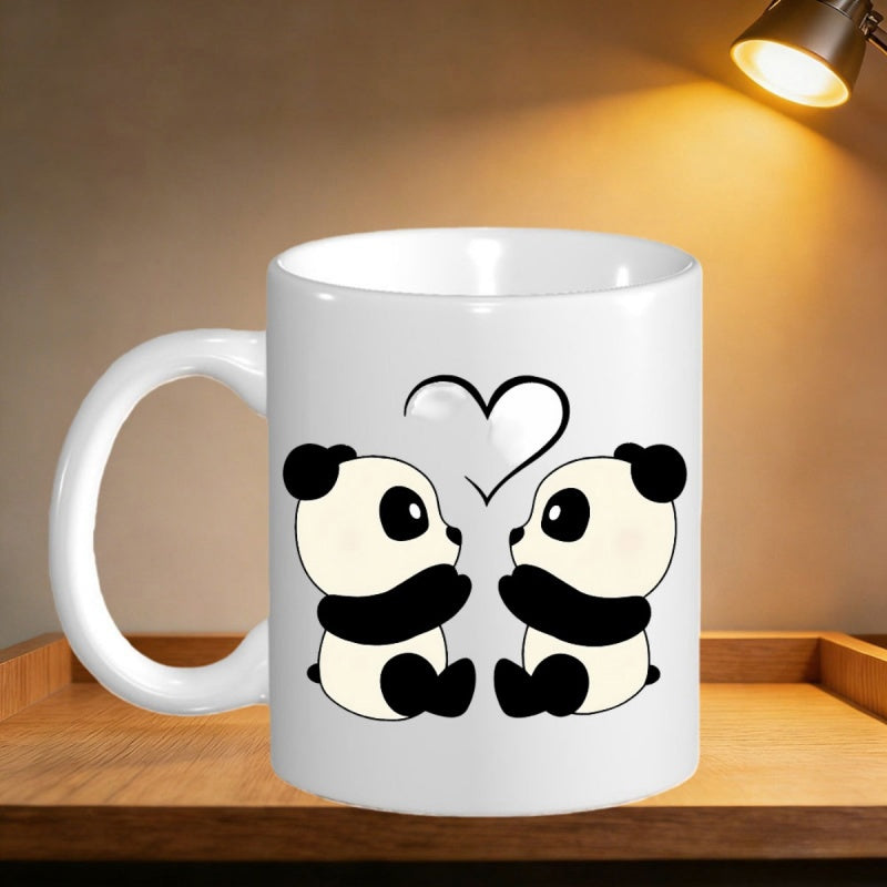 Tailorly White Ceramic 11 oz Mug - Two Adorable Cartoon Pandas Sitting Closely Together Under A Small Heart Panda