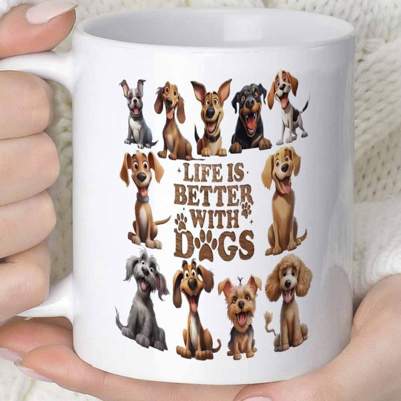 Tailorly White Ceramic 11 oz Mug - Life Is Better With Dogs Friendly Animated Canines Of Different Breeds Sitting Harmoniously In Rows Dogs