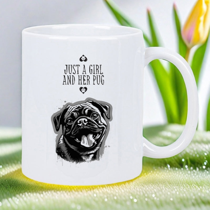 Tailorly White Ceramic 11 oz Mug - Just A Girl And Her Pug Artistic Smiling Black And White Detailed Portrait Of A Happy Dog Pug
