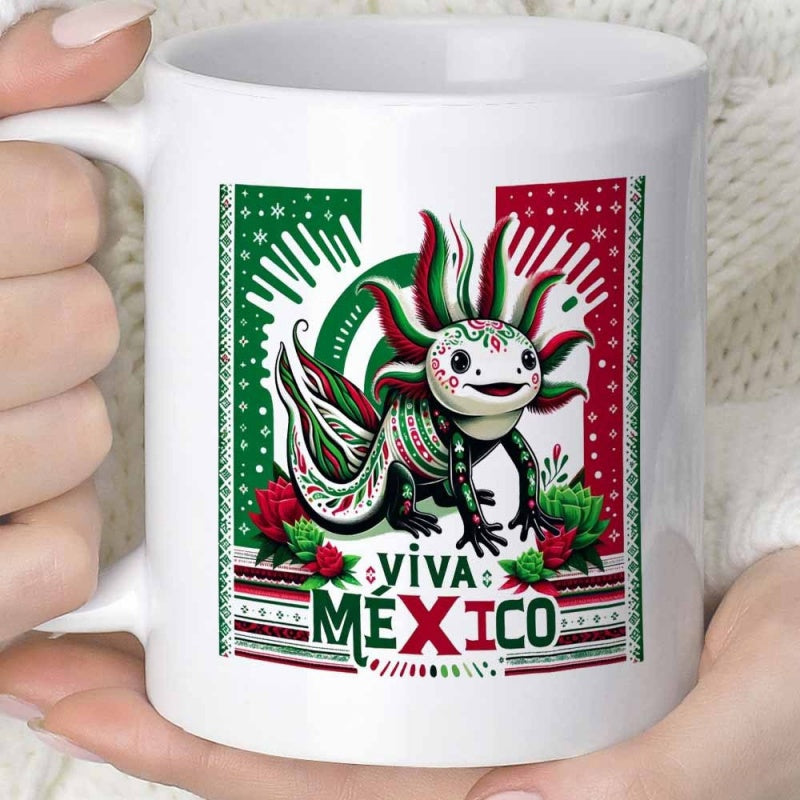 Tailorly White Ceramic 11 oz Mug - Viva Mexico Intricately Decorated Colorful Creature Inspired By Traditional Mexican Folk Art Axolotl