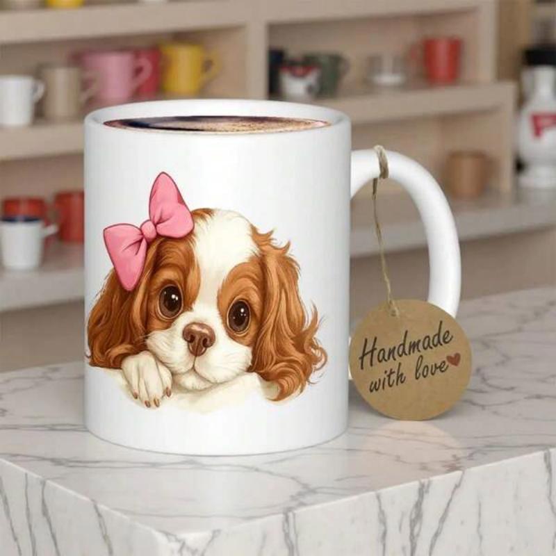 Tailorly White Ceramic 11 oz Mug - Handmade With Love Adorable Brown And White Spaniel Wearing A Bright Pink Bow Dog