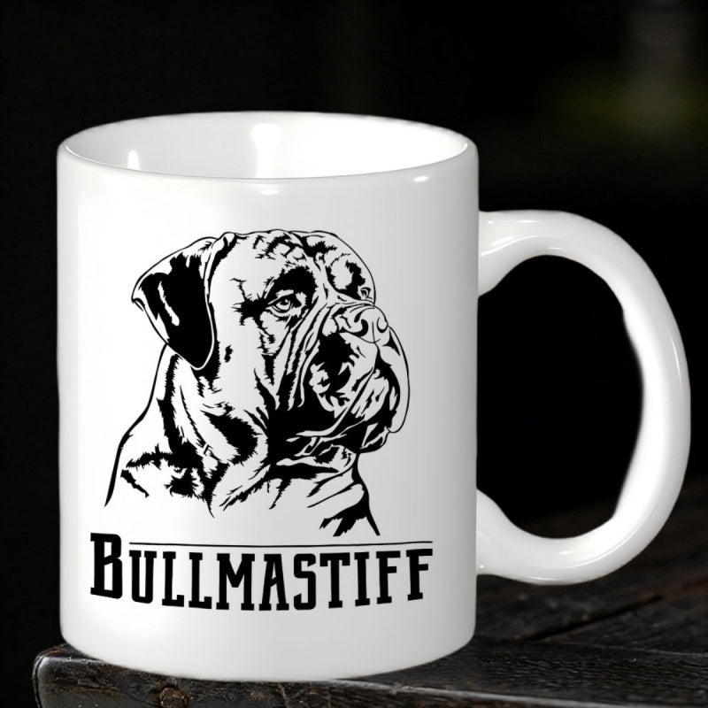 Tailorly White Ceramic 11 oz Mug - Bullmastiff Detailed Monochrome Artistic Line Drawing Of A Proud Bullmastiff