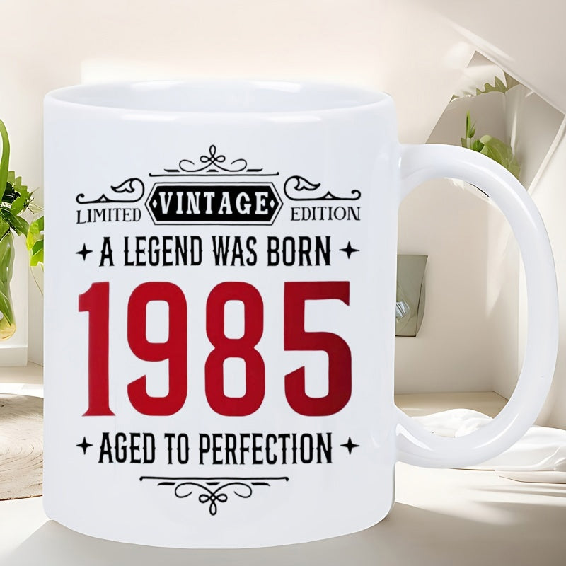 Tailorly White Ceramic 11 oz Mug - Limited Vintage Edition A Legend Was Born 1985 Aged To Perfection Elegant Vintage Style Filigree Ornamented Smooth Finish Mug