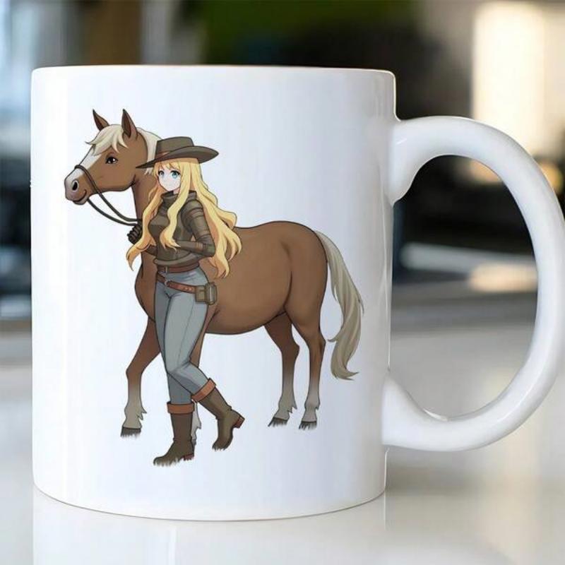 Tailorly White Ceramic 11 oz Mug - Blonde Anime Girl Walking Beside A Gentle Brown Powerful Steed Horse