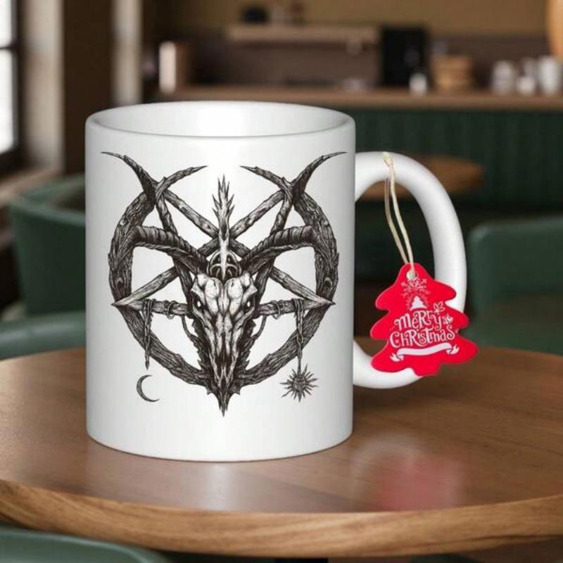 Tailorly White Ceramic 11 oz Mug - Merry Christmas Intricately Detailed Pentagram Horns With Moon And Sun Charms Goat Skull