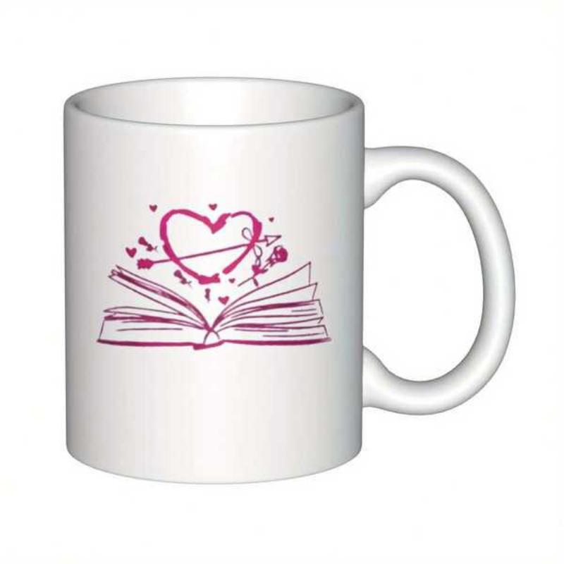 Tailorly White Ceramic 11 oz Mug - Elegant Hand Drawn Heart And Cupid Arrows Above An Open Book