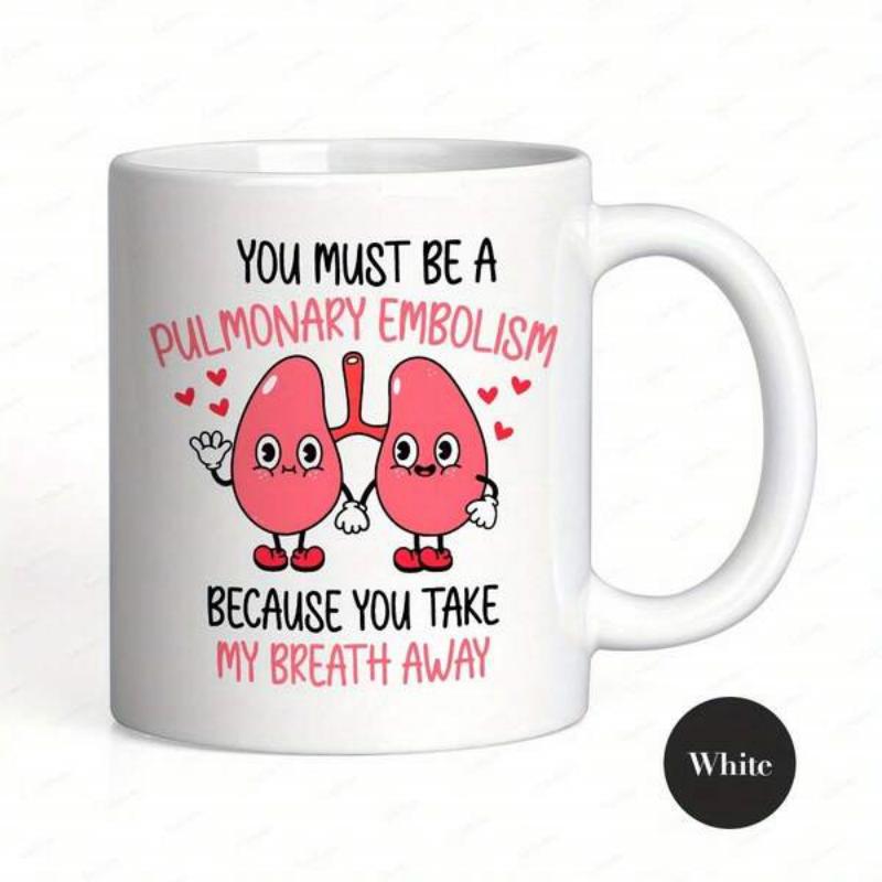 Tailorly White Ceramic 11 oz Mug - You Must Be A Pulmonary Embolism Because You Take My Breath Away Cute Pink Cartoon Organ Character Holding Hands Surrounded By