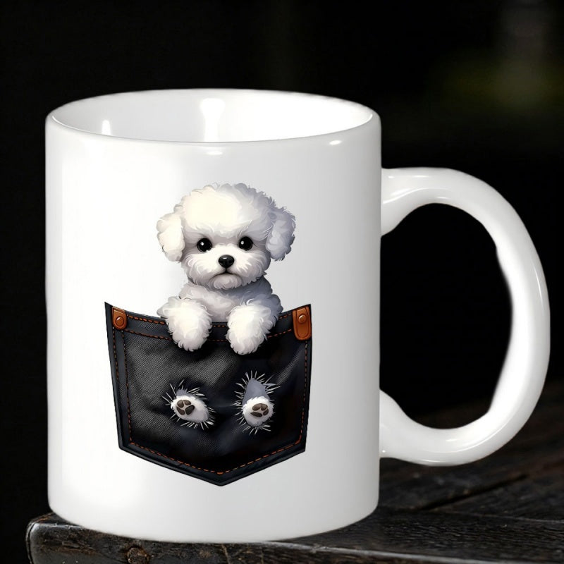Tailorly White Ceramic 11 oz Mug - Fluffy Little White Puppy Peeking From A Dark Denim Pocket Dog