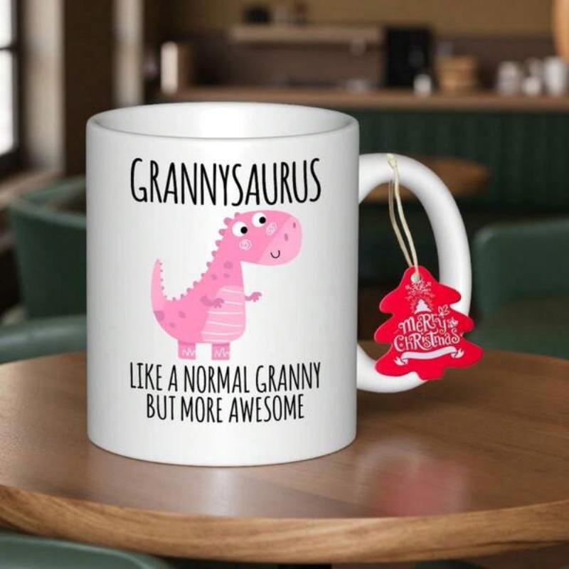 Tailorly White Ceramic 11 oz Mug - Grannysaurus Like A Normal Granny But More Awesome Cute Pink Cartoon Dinosaur With Friendly Smiling Face And Small Spots