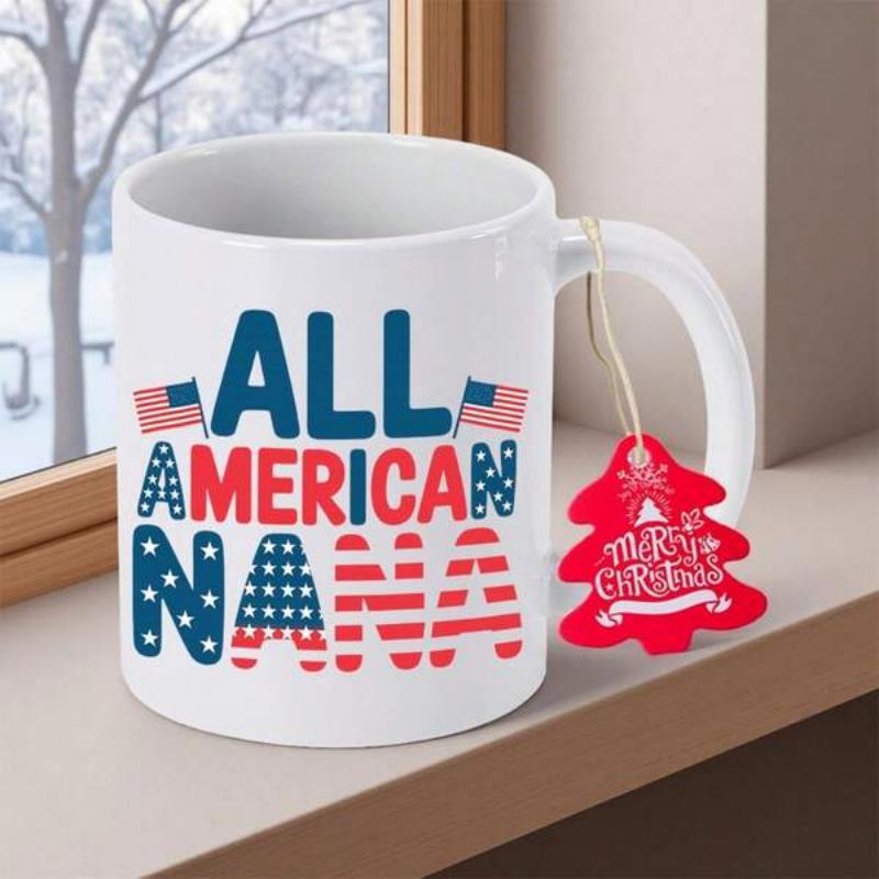 Tailorly White Ceramic 11 oz Mug - All American Nana Vintage Patriotic Flag Style With Bold Stars And Red White Stripes Mug