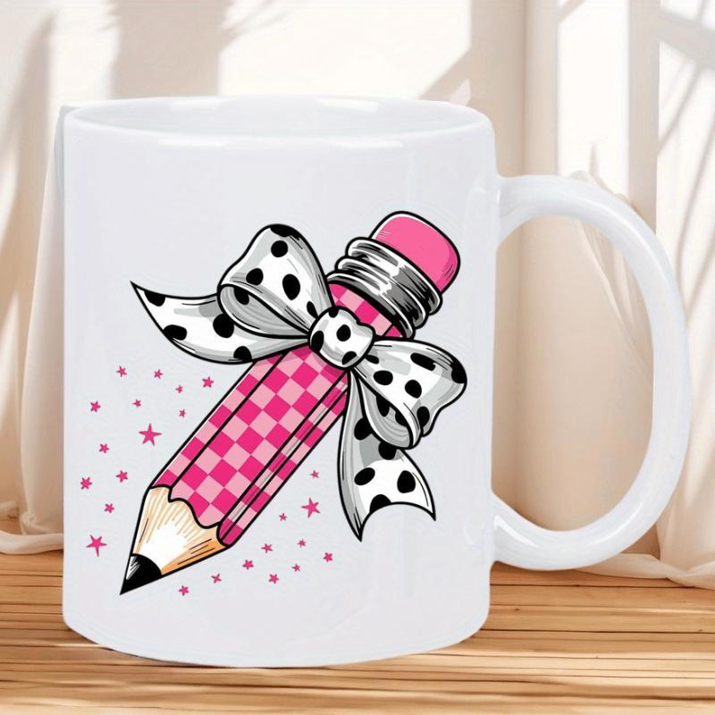 Tailorly White Ceramic 11 oz Mug - Artistic Pink Gingham Patterned Tool Featuring A Large Polka Dot Bow Pencil
