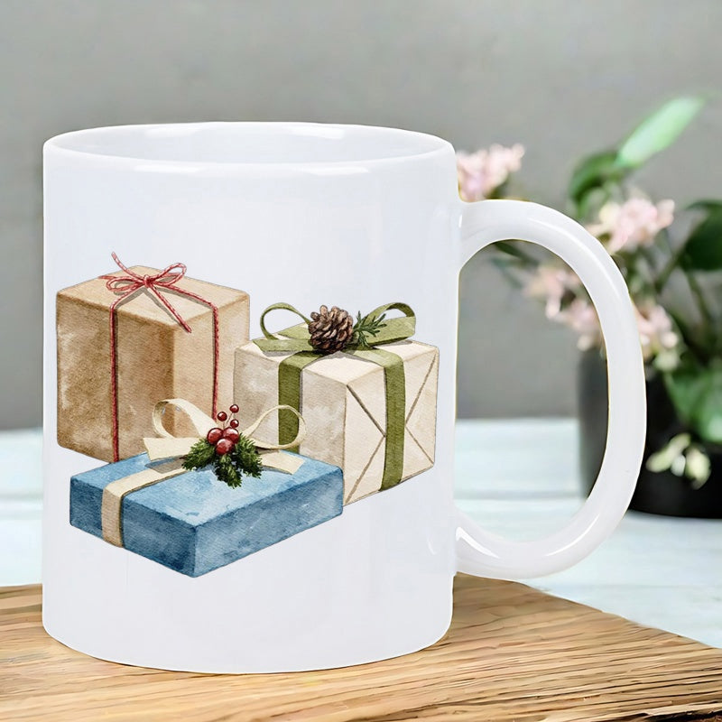 Tailorly White Ceramic 11 oz Mug - Watercolor Holiday Boxes Wrapped With Festive Ribbons And Winter Pinecones Present