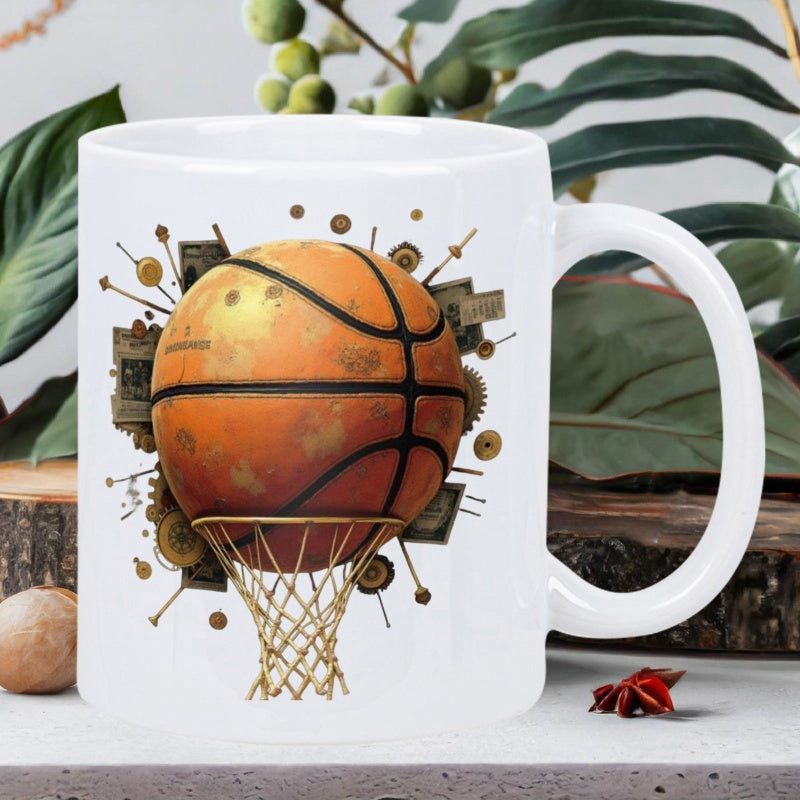 Tailorly White Ceramic 11 oz Mug - Textured Vintage Sphere Dropping Through Golden Hoop Among Mechanical Abstract Background Basketball