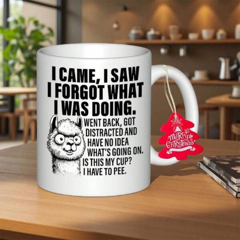 Tailorly White Ceramic 11 oz Mug - I Came I Saw I Forgot What I Was Doing Humorous White Cartoon Animal With Wide Curious Eyes Alpaca