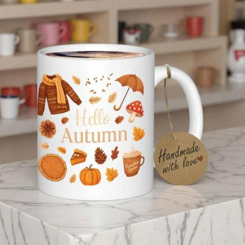 Tailorly White Ceramic 11 oz Mug - Hello Autumn Cozy Seasonal Elements Including Warm Sweater And Pumpkin Among Golden Leaves Mug
