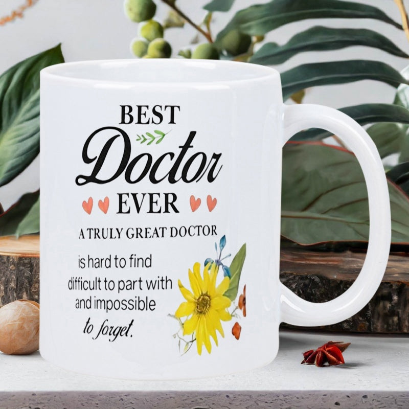 Tailorly White Ceramic 11 oz Mug - Best Doctor Ever A Truly Great Doctor Blooming Yellow Sunflower With Delicate Green Leaves And Blue Floral Accents Mug